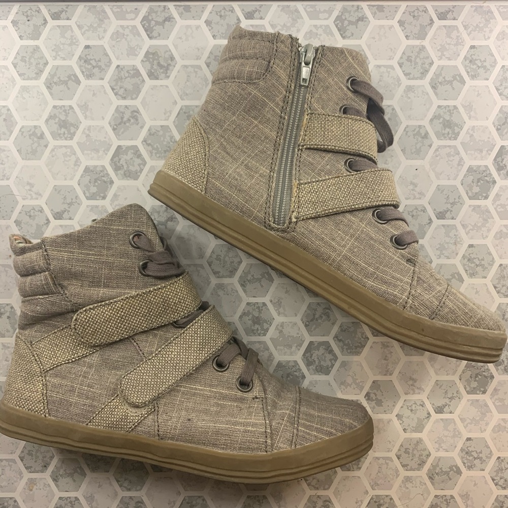 Tan booties with zipper and straps